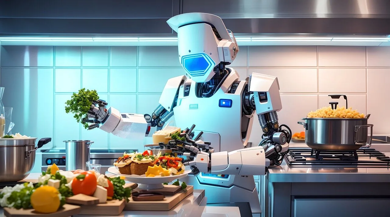 Humanoïde robot die in een keuken een maaltijd bereidt (AI-gegenereerde illustratie)