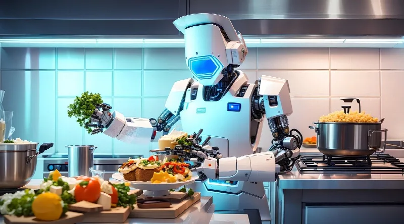 Humanoïde robot die in een keuken een maaltijd bereidt (AI-gegenereerde illustratie)